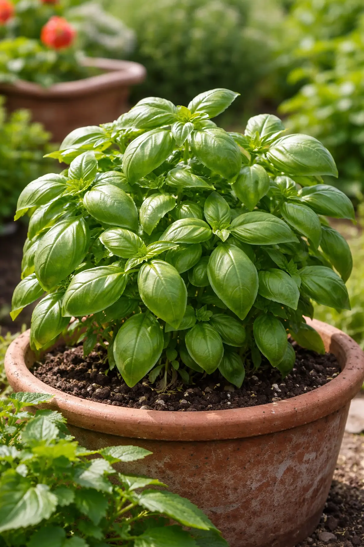 Basilic cultivé en pot sur une terrasse en Belgique