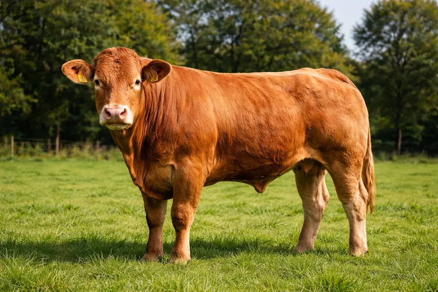 Bœuf Limousin dans une prairie d'élevage en Belgique