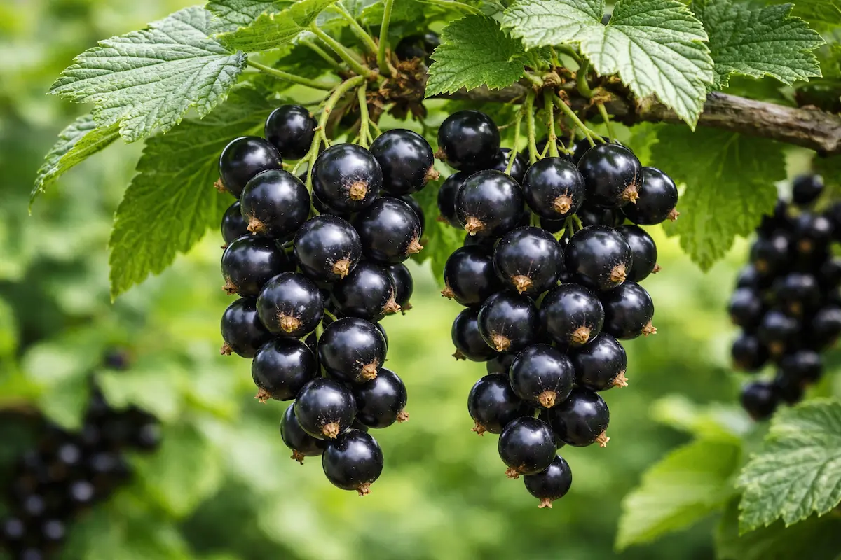 cassis fruit noir poussant en grappes sur un cassissier dans un jardin