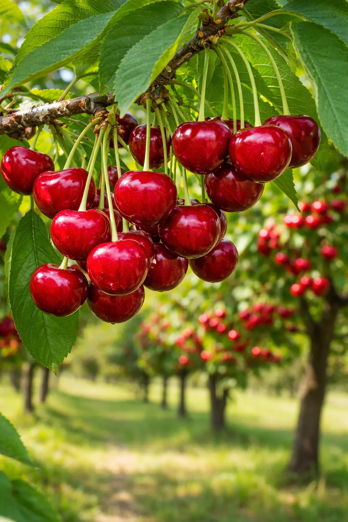 Cerises rouges mûres poussant sur un cerisier dans un verger
