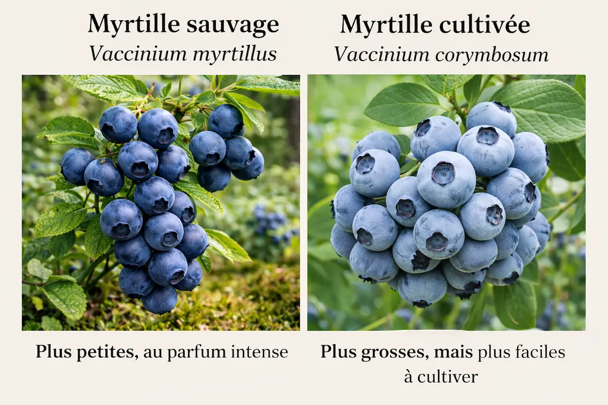 comparaison entre myrtille sauvage Vaccinium myrtillus et myrtille cultivée Vaccinium corymbosum