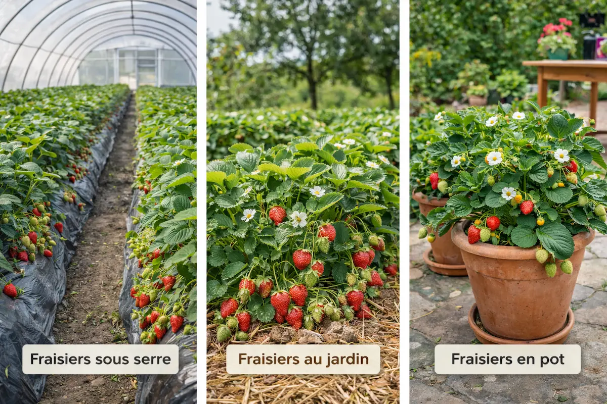 Différentes méthodes de culture des fraisiers : culture sous serre, en pleine terre au jardin et en pot sur une terrasse
