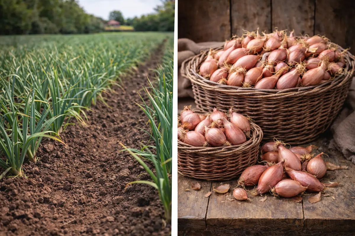 Échalotes cultivées dans un champ agricole en Belgique