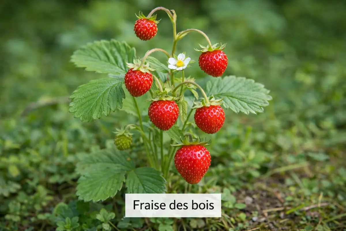 Fraise des bois sauvage Fragaria vesca poussant dans la nature avec petits fruits rouges très parfumés