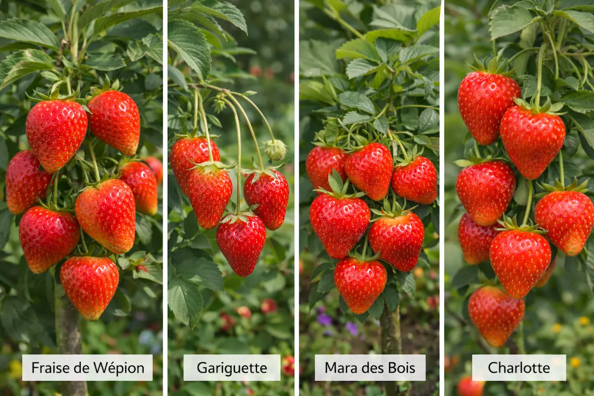 Variétés de fraises : Fraise de Wépion, Gariguette, Mara des Bois et Charlotte cultivées sur fraisier