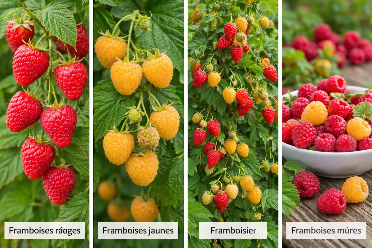 Variétés de framboises rouges et jaunes poussant sur un framboisier dans un jardin