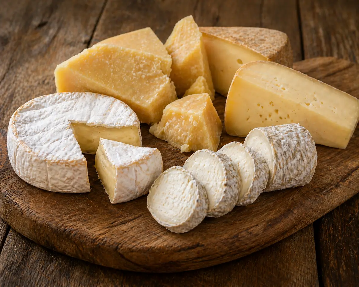 Assortiment de fromages artisanaux fermiers sur planche en bois