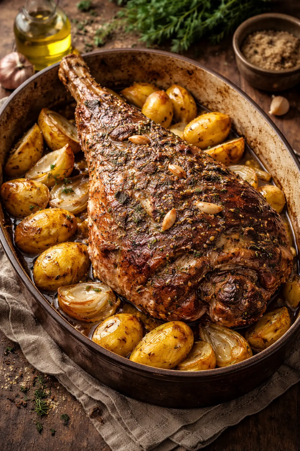 Gigot d’agneau au four recette viande rôtie tendre herbes ail