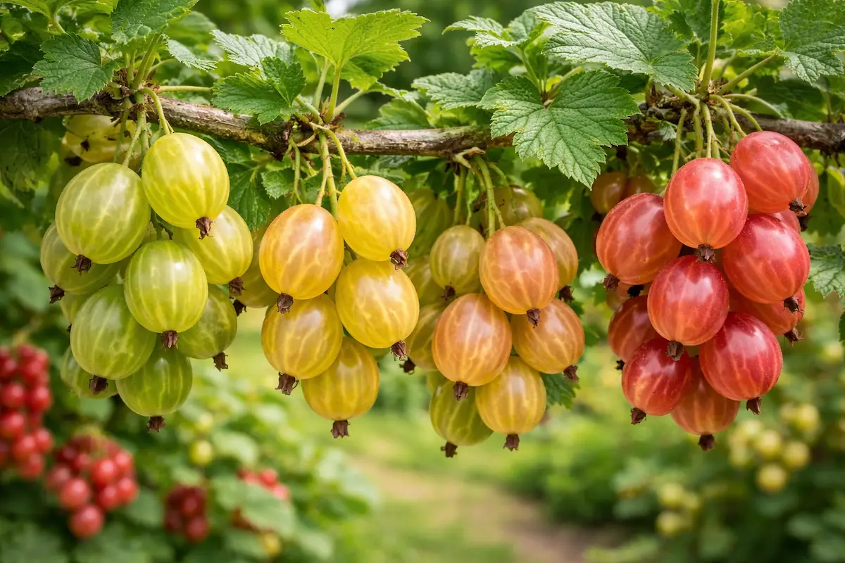groseilles à maquereau vertes jaunes et rouges poussant sur un groseillier à maquereau dans un jardin