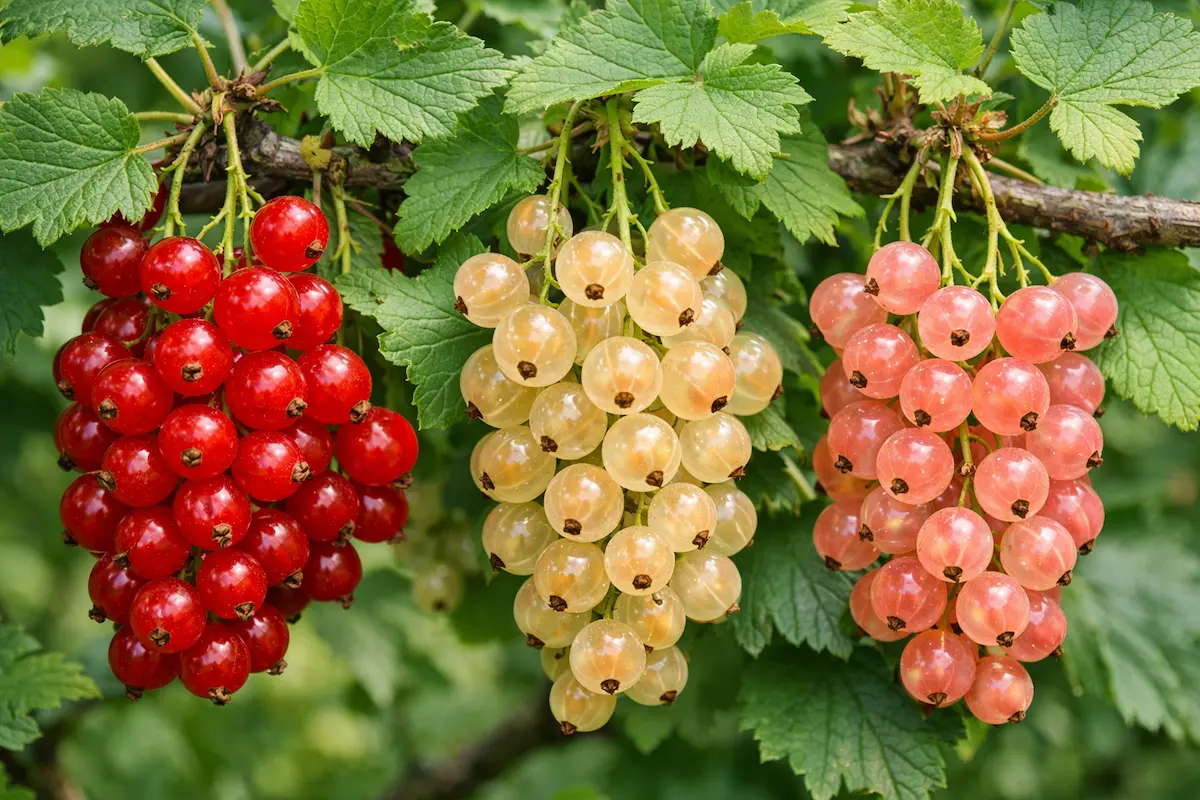 variétés de groseilles rouges blanches et rosées sur un arbuste de groseillier