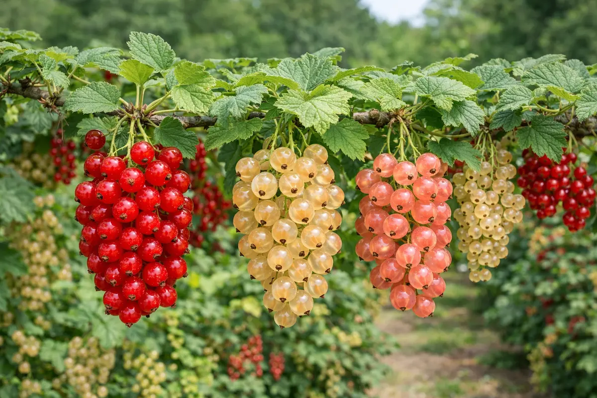 Différentes variétés de groseilles cultivées sur groseilliers dans un jardin : groseilles rouges, blanches et cassis