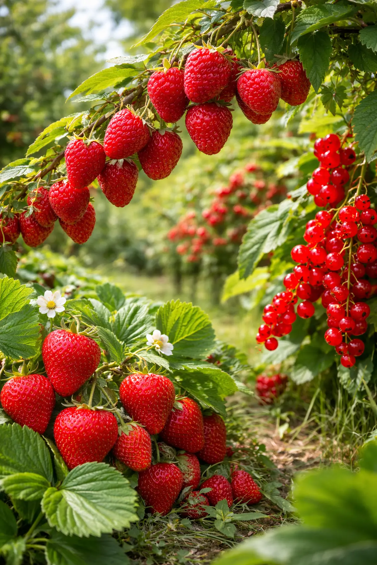 Mélange de fruits rouges sur pied dans un jardin : fraises, framboises et groseilles mûres