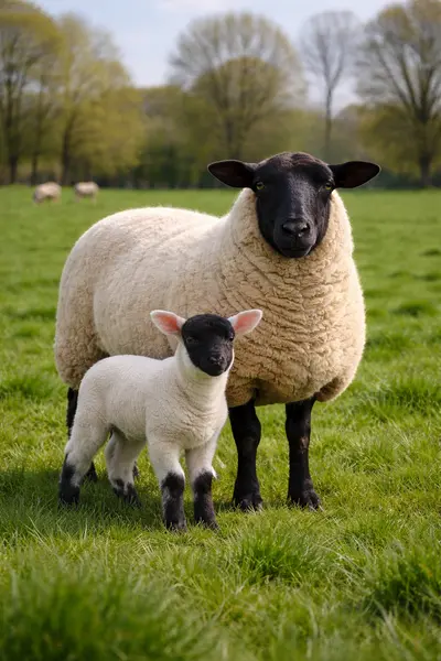 Mouton Suffolk dans une prairie d'élevage en Belgique
