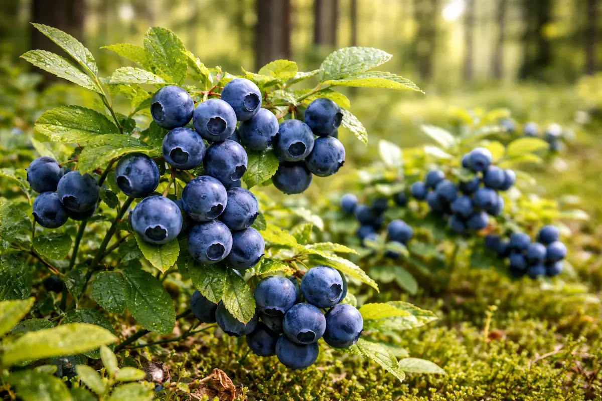 myrtilles sauvages poussant sur un myrtillier dans une forêt des Ardennes