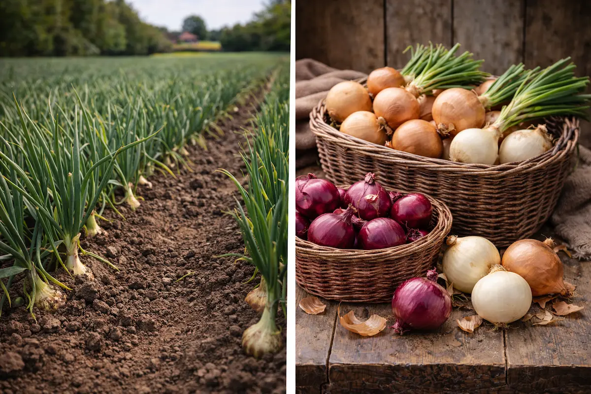 Oignons cultivés dans un champ agricole en Belgique
