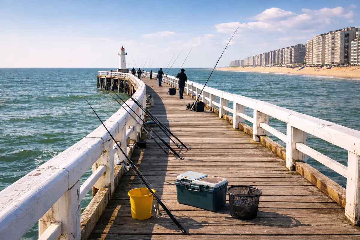 Pêche depuis une estacade sur la côte belge de la mer du Nord