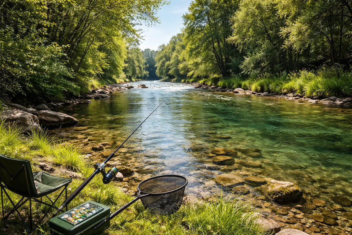 Pêche en rivière en Belgique avec une canne au bord de l'eau