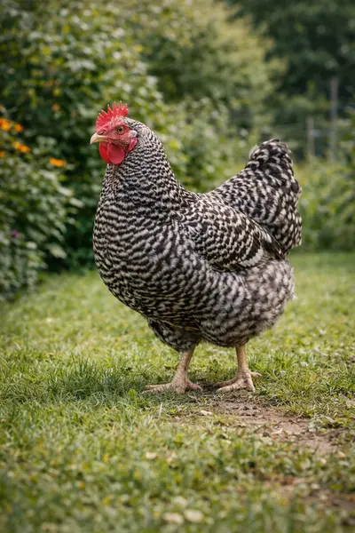 Poule Plymouth Rock dans une basse-cour en Belgique