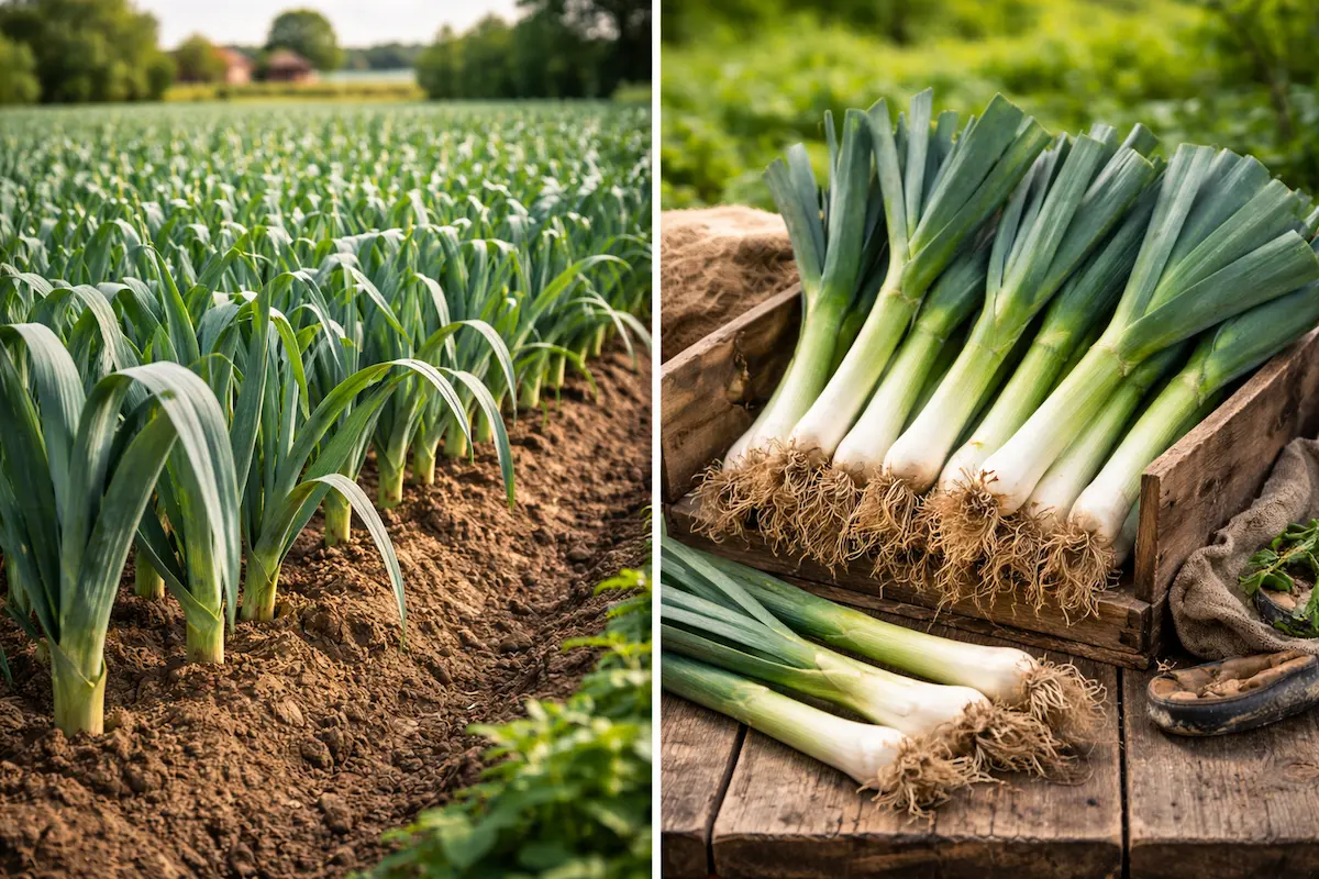 Poireaux cultivés dans un champ agricole en Belgique