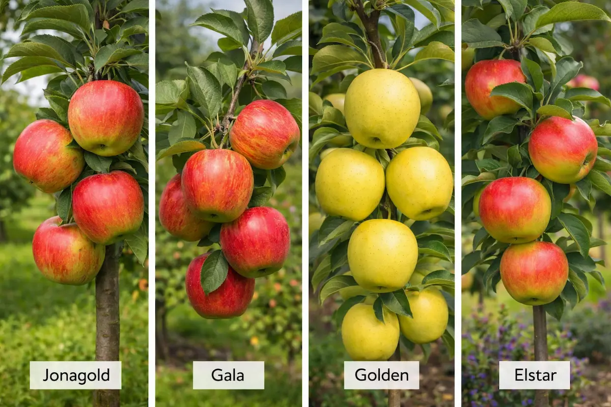Différentes variétés de pommes cultivées en Belgique : Jonagold, Gala, Golden et Elstar