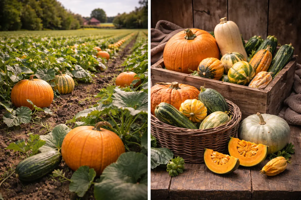 Potirons et courges cultivés dans un champ agricole en Belgique