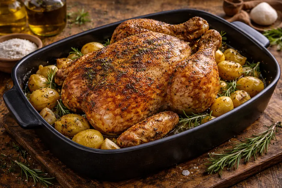 Poulet rôti au four croustillant avec pommes de terre et herbes
