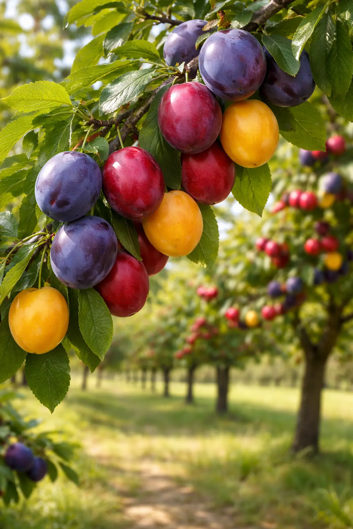 Prunes mûres poussant sur un prunier dans un verger