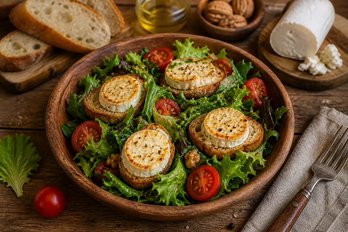 Salade de chèvre chaud avec pain croustillant et fromage fondant