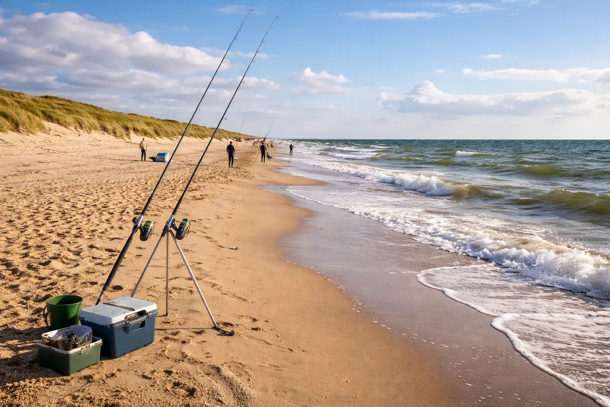 Pêche en surfcasting sur une plage de la mer du Nord en Belgique