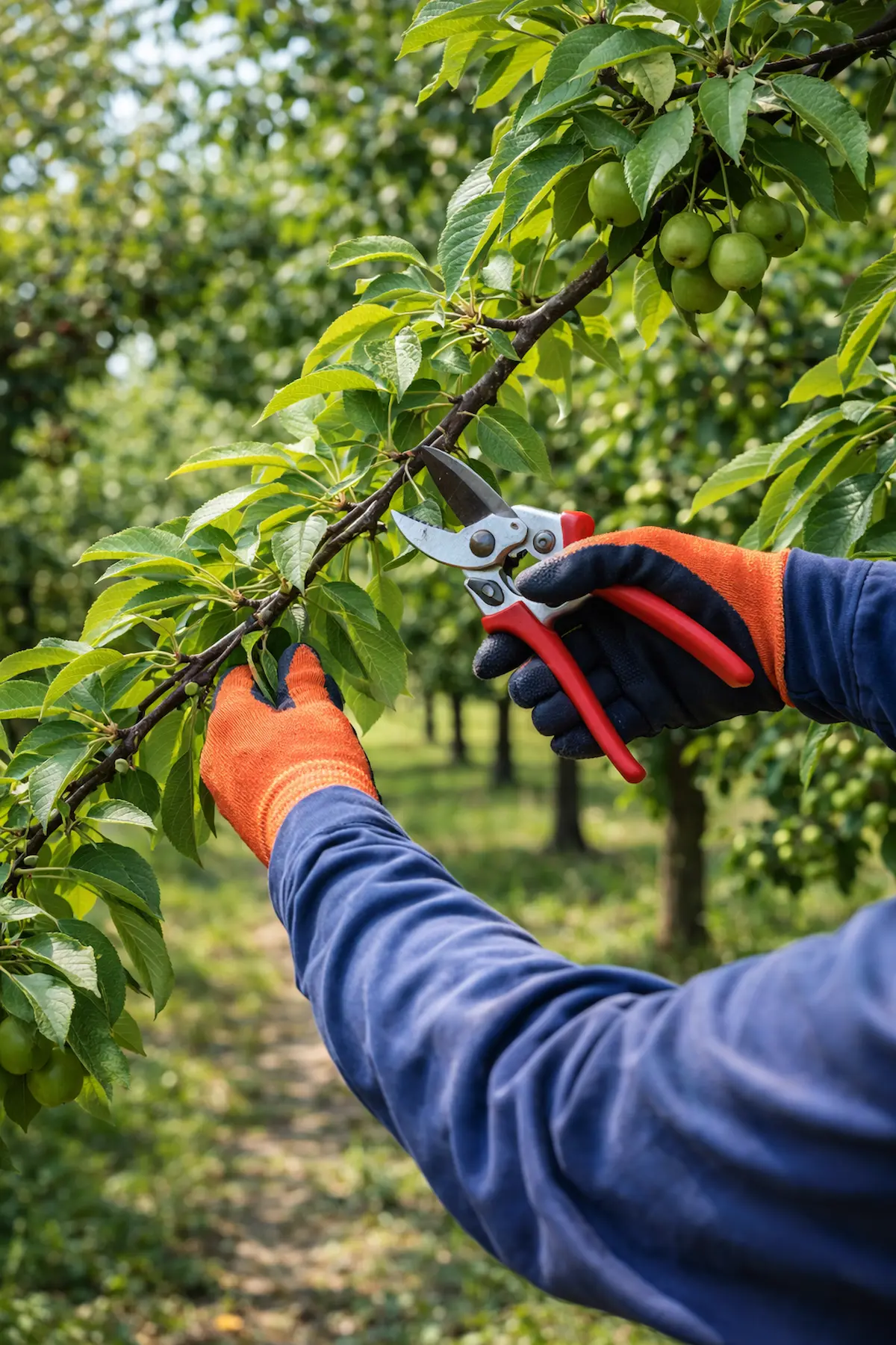 Taille d’un arbre fruitier dans un verger pour favoriser la production de fruits et l’ensoleillement des branches