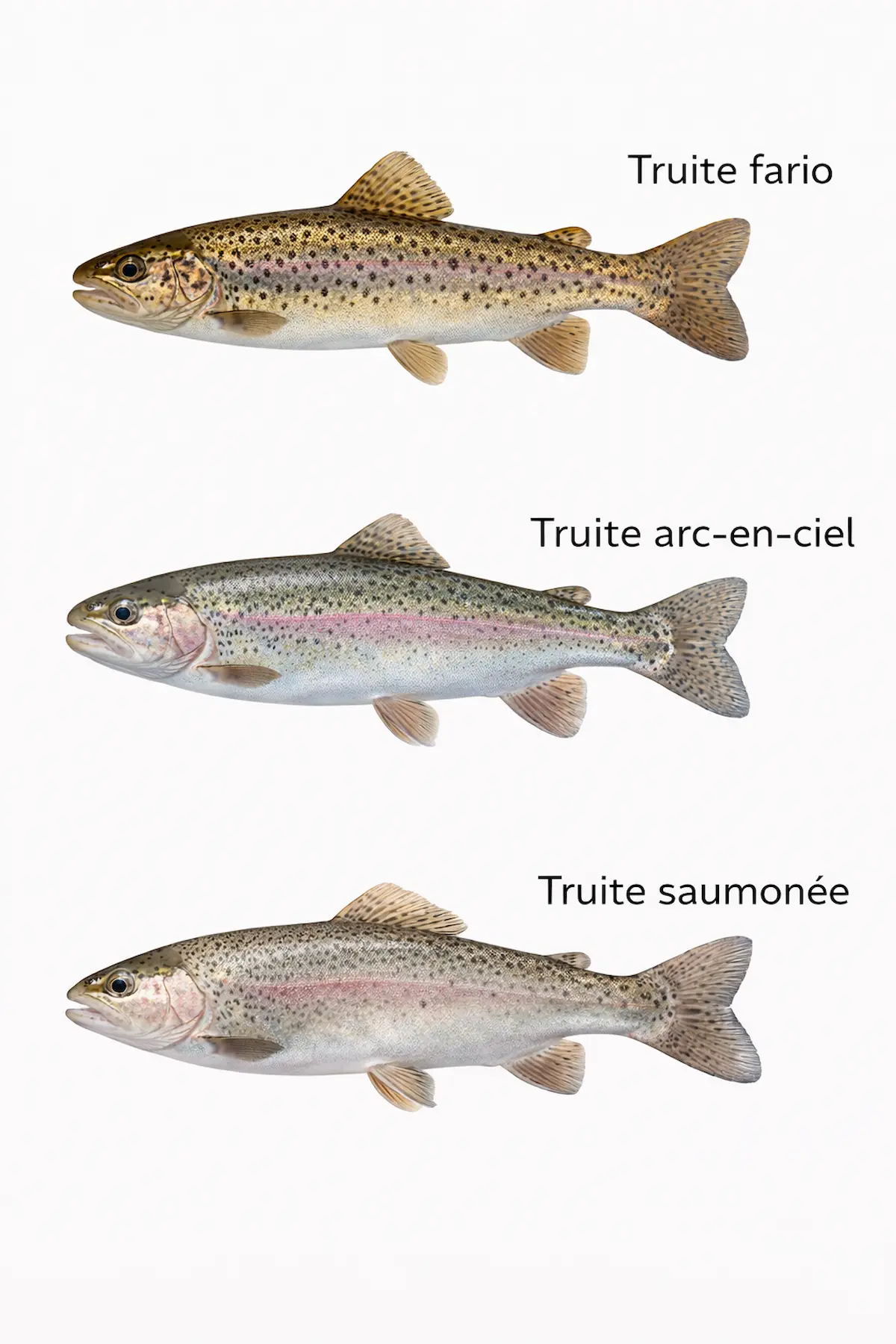 Truite fario, truite arc-en-ciel et truite saumonée pêchées en Belgique