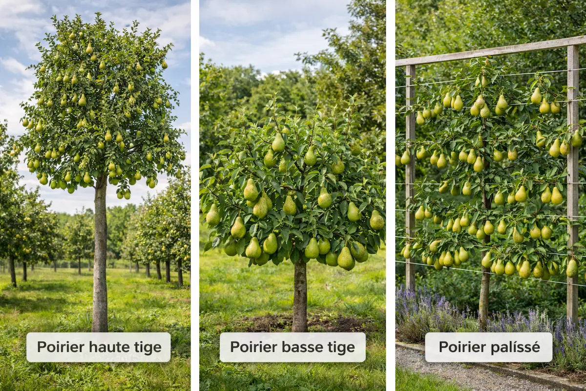 Différents types de poiriers cultivés dans les vergers et jardins : poirier haute tige, basse tige et poirier palissé