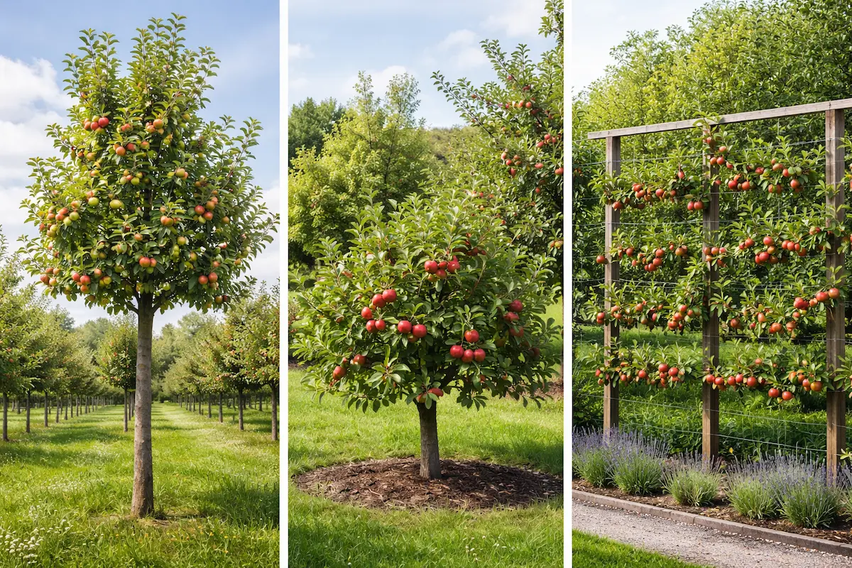 Différents types de pommiers cultivés dans les vergers et jardins : pommier haute tige, basse tige et pommier palissé