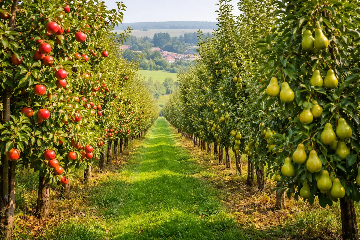 Vergers fruitiers en Belgique avec pommiers et poiriers cultivés dans des exploitations agricoles locales