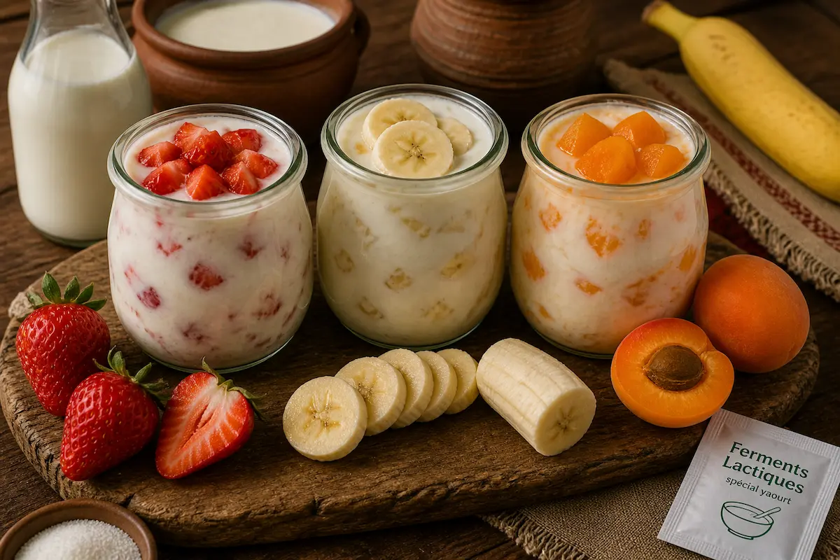Yaourt aux fruits maison fraise abricot banane texture onctueuse